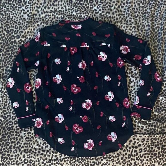 BANANA REPUBLIC (Size XS) Pink Floral Half-Bottom Black Blouse - Picture 6 of 8